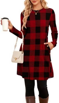 NARRAME Pullover-Kleider für Damen, Winter, langärmelig, Kausale Knöpfe, seitliches Pulloverkleid mit Taschen, XX-Large, rot, schwarz, kariert von NARRAME