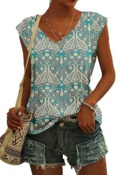 NARRAME Sommer T Shirt für Damen V Ausschnitt Tanktops Loose Fit Sommerblusen Kurzarm Luftig Boho Flora Grün M von NARRAME