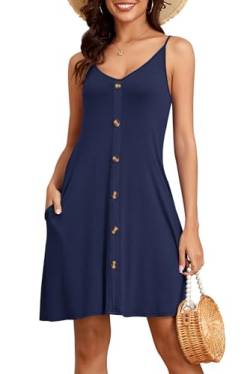 NARRAME Sommerkleider für Damen, Spaghettiträger, V-Ausschnitt, Minikleid, lässig, Urlaub, einfarbig, mit Taschen, Marineblau, XX-Large von NARRAME