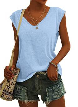 NARRAME T Shirt Damen V Ausschnitt Flügelärmel T-Shirt Tank Top Damen Sommer Casual Loose Fit Blusen Blau XL von NARRAME