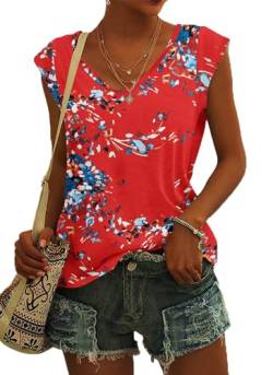 NARRAME T Shirt Damen mit Flügelärmel V Ausschnitt Top Damen Sommer Bluse Oberteile Leicht Lässig floral Blau Rot S von NARRAME