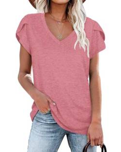 NARRAME T-Shirt für Damen Casual Blütenblatt Ärmel Sommer Tops Kurzarm Tuniken Rosa XL von NARRAME