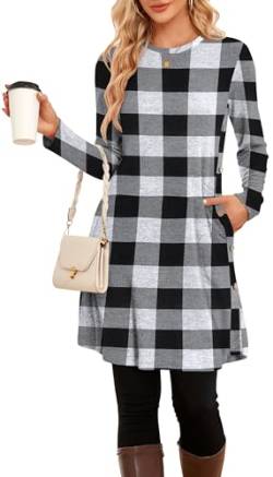 NARRAME Winter-Pullover-Kleider für Damen, Midi-Langarm, Kausale Knöpfe, seitliches Tunika-Kleid mit Taschen, mittelweiß, schwarz, kariert von NARRAME