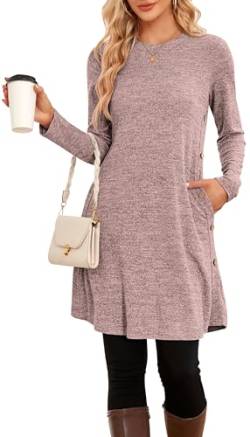 NARRAME Winter-Pullover-Kleider für Damen, Midi-Langarm, lässige Knöpfe, seitliches Tunika-Kleid mit Taschen, Mittelrosa, Grau von NARRAME