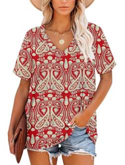 T-Shirt für Damen Boho Flora Rot Casual Sommer Tops Kurzarm Tuniken XL von NARRAME