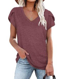 T-Shirt für Damen Casual Blütenblatt Ärmel Sommer Tops Kurzarm Tuniken Burgund XL von NARRAME