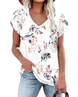 T-Shirt für Damen Casual Blütenblatt Ärmel Sommer Tops Kurzarm Tuniken blumenweiß XL von NARRAME