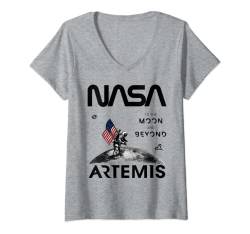Damen NASA Artemis Mission Astronaut Mond US Flagge Worm Logo T-Shirt mit V-Ausschnitt von NASA - Official