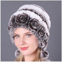 NATICY Strickmütze Warme Blumen Gestreifte Rex-Kaninchen Pelzmützen Damen Inter Hat Strickmütze von NATICY