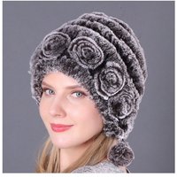 NATICY Strickmütze Warme Blumen Gestreifte Rex-Kaninchen Pelzmützen Damen Inter Hat Strickmütze von NATICY