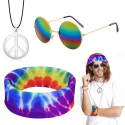 NATOSU Hippie Kostüm Damen Herren, Herren Damen Fasching Kostüm 80er 90er Mottoparty, Hippie Perücke Sonnenbrille Peace Halskette Anhänger Batik Stirnband Accessories von NATOSU