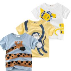 NATUST 3er Pack Jungen T-Shirt Kleinkind Kurzarm Baumwolle Giraffe AFFE Löwe Drucken Sommer Tops DE: 128-134(Herstellergröße 130) von NATUST