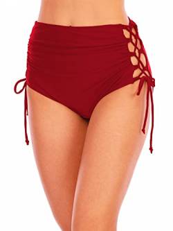 NATUST Damen Bikinihose seitlicher Schnürung Bikini-Unterteil Bauchweg Badeshorts mit hohem Bund L Rot von NATUST