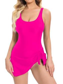 NATUST Damen Einteiliger Badeanzug Irregulär Schlitz Badekleid Gepolstert Ruched Badeanzug Bauchweg Schwimmkleid Heißes Rosa XL von NATUST