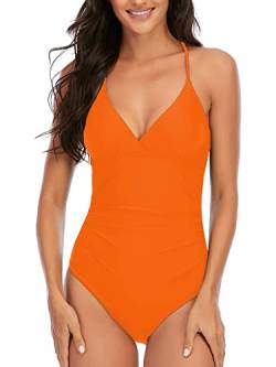 NATUST Damen Monokini Überkreuztes Rücken Einteilige Bademode V Ausschnitt Badeanzug L Orange von NATUST