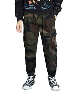 NATUST Jungen Camouflage Cargohose Kinder Jogginghose Freizeithose Jungs Cargo Hose mit Elastischem Bund Armeegrün 164-170 von NATUST