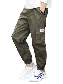 NATUST Jungen Cargohose Kinder Freizeithose Jogginghose Jungs Cargo Hose mit Elastischem Bund Armeegrün 146-152 von NATUST