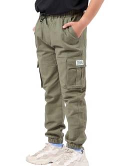 NATUST Jungen Cargohose Kinder Freizeithose Jogginghose Jungs Cargo Hose mit Elastischem Bund Armeegrün 158-164 von NATUST