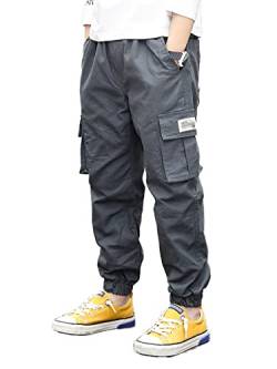 NATUST Jungen Cargohose Kinder Freizeithose Jogginghose Jungs Cargo Hose mit Elastischem Bund Grau 134-140 von NATUST