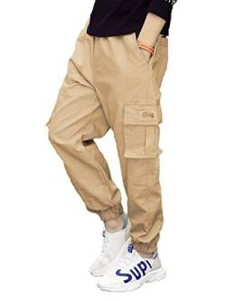 NATUST Jungen Cargohose Kinder Freizeithose Jogginghose Jungs Cargo Hose mit Elastischem Bund Khaki 158-164 von NATUST