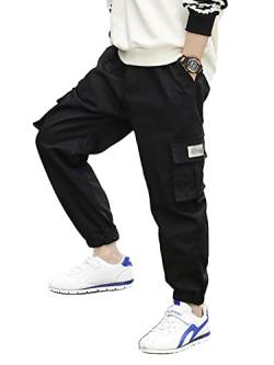 NATUST Jungen Cargohose Kinder Freizeithose Jogginghose Jungs Cargo Hose mit Elastischem Bund Schwarz 146-152 von NATUST