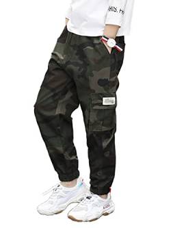 NATUST Jungen Cargohose Kinder Freizeithose Jogginghose Jungs Cargo Hose mit Elastischem Bund Tarngrün 128-134 von NATUST