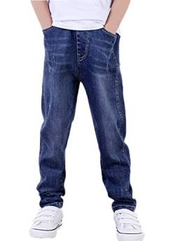 NATUST Jungen Jeans mit Elastischem Bund Kinder Hose mit Abschürfungen Jeanshosen Straight Stretch Blau 146-152 von NATUST