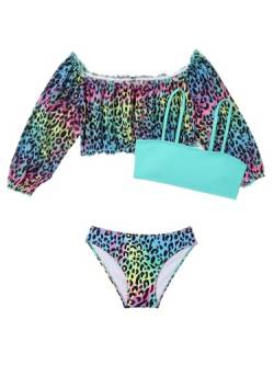 NATUST Mädchen Badeanzug Dreiteilige Bikini-Sets Cover Up Bademode Leopardenmuster Strandmode Schwimmen Violett 146-152 (Herstellergröße 11-12) von NATUST