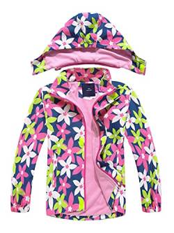 NATUST Mädchen Gefütterte Regenjacke Kinder Winddicht Übergangsjacke Jungen Warm Atmungsaktiv Softshelljacke mit Abtrennbare Kapuze Blume 116-122 von NATUST