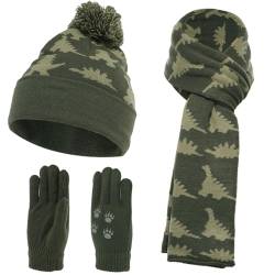 NATUST Mütze Schal Handschuh-Sets für Jungen Dinosaurier Wintermütze mit Bommel Warmer Strickschal Handschuhe Armeegrün von NATUST