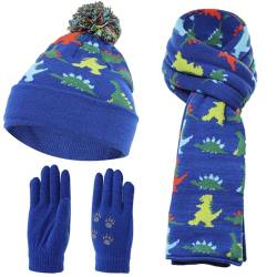 NATUST Mütze Schal Handschuh-Sets für Jungen Dinosaurier Wintermütze mit Bommel Warmer Strickschal Handschuhe Blau von NATUST