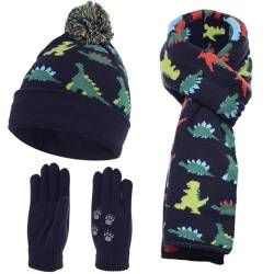 NATUST Mütze Schal Handschuh-Sets für Jungen Dinosaurier Wintermütze mit Bommel Warmer Strickschal Handschuhe Marineblau von NATUST
