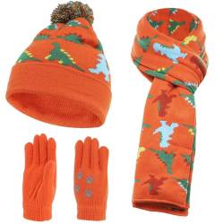 NATUST Mütze Schal Handschuh-Sets für Jungen Dinosaurier Wintermütze mit Bommel Warmer Strickschal Handschuhe Orange von NATUST
