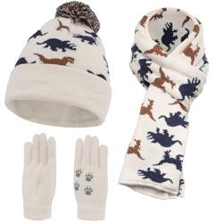 NATUST Mütze Schal Handschuh-Sets für Jungen Dinosaurier Wintermütze mit Bommel Warmer Strickschal Handschuhe Weiß von NATUST