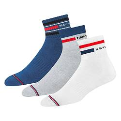 NAVYSPORT 3 Paar Sportsocken Tennissocken Arbeitssocken Herren & Damen Baumwolle Unisex (Viertellänge) Quarter Socken, EU 35-38, (Weiß, Grau, Denim Blau) von NAVYSPORT