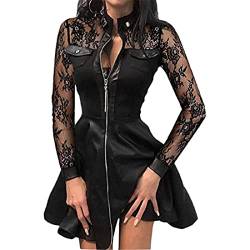 NAY Nalakey Damen Mesh Partykleider Mode V-Ausschnitt Langarm Spitzen Patchwork Minikleid Mit Reißverschluss Frauen Sexy Bodycon Lederkleid Freizeitkleid von NAY