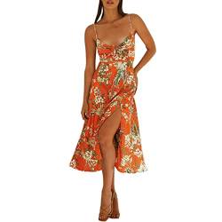 Sommerkleid Damen Knielang Dekoltee Maxikleider V-Ausschnitt Boho Midikleid Rückenfreies A-Linien Kleid ärmellose Split Strandkleid von NBAA