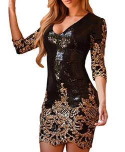 MASHIKOU Damen V-Ausschnitt Bodycon Minikleid Paillettenkleid Partykleid Kurz Cocktailkleid (M, Schwarzes Gold) von NBBNYJ