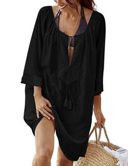 MASHIKOU Strandkleid Damen Sommer Boho Sexy Baumwolle V Ausschnitt Bikini Cover Up Knielang Tunika Bluse Strandponcho Bademode Kimono Beachwear (Schwarz, One Size) von NBBNYJ