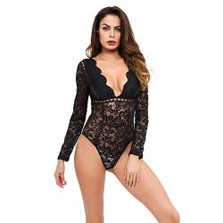 NBBNYJ Body Damen Elegant Sexy Sommer Schier V-Ausschnitt Langarm Spitze Bodysuit Dessous rückenfrei Jumpsuit Lingerie Teddy Unterwäsche Top Babydoll Nachtwäsche (Schwarz, Medium) von NBBNYJ