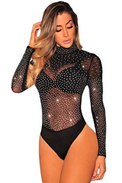 NBBNYJ Body Schwarz Damen Sexy Strass Pailletten Langarm Bodysuit Sheer Mesh unterwäsche Shapewear Leotard Top Overalls Bluse (Schwarz-4, Large) von NBBNYJ