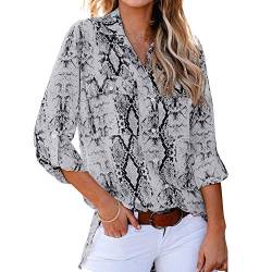 NBBNYJ Damen Blusen Elegante Oberteile V-Ausschnitt Tops Casual Schlange Drucken Hemd Langarm Shirt mit Taschen 5 Farbe S/M/L/XL/XXL (Grau, M) von NBBNYJ