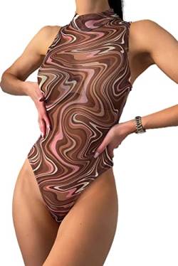 NBBNYJ Damen-Body mit langen Ärmeln mit Stehkragen, transparente Spitze, elegant, Zebra-Print Sexy Dessous Bodysuit, Braun-15, L von NBBNYJ