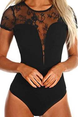 NBBNYJ Damen Eleganter Body Spitze Schwarz Kurzarm Baumwolle Dessous Jumpsuit Lingerie Teddy Unterwäsche Sexy Top Babydoll Nachtwäsche von NBBNYJ