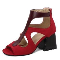 NBTOICDAS Damen-Sandalen mit Blockabsätzen, offener Zehenpartie und Reißverschluss, bequeme Sandalen für tägliche Hochzeitskleider (Color : Red, Size : 46 EU) von NBTOICDAS