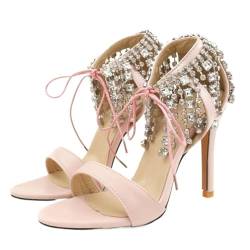 NBTOICDAS Damen-Sandalen mit Strasssteinen, Riemchenabsatz, offener Zehenbereich, Sandaletten, Party- und Hochzeitskleid-Schuhe (Color : Pink, Size : 42 EU) von NBTOICDAS