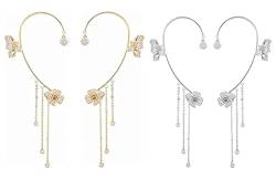 NBZZ Schmetterling Quaste Ohrringe Glänzender Zirkon-Schmetterlings-Ohrclips Lange Blumen-Quasten-Ohrringe Frauen Ohr Knochen Clip Kein Piercing Ohrclip (Gold+Silber-2 pairs) von NBZZ