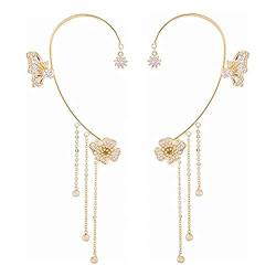 NBZZ Schmetterling Quaste Ohrringe Glänzender Zirkon-Schmetterlings-Ohrclips Lange Blumen-Quasten-Ohrringe Frauen Ohr Knochen Clip Kein Piercing Ohrclip (Gold-2pcs) von NBZZ