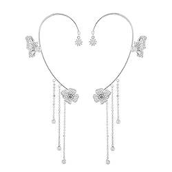 NBZZ Schmetterling Quaste Ohrringe Glänzender Zirkon-Schmetterlings-Ohrclips Lange Blumen-Quasten-Ohrringe Frauen Ohr Knochen Clip Kein Piercing Ohrclip (Silber-2pcs) von NBZZ