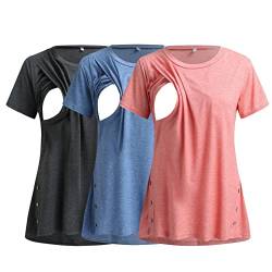 3er Pack Stillshirt Damen Umstandsmode Kurzarm Rundhals T-Shirt Bluse Stillkleidung Umstandsshirt Nursing Umstandstop Schwangerschaft Kleidung Stilltop Basic Oberteil Kariertes Hemd (01-Pink, L) von NCQiFei